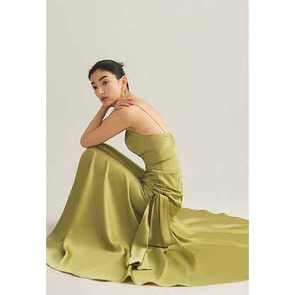 GOUDIN bright red wedding satin light luxury banquet evening dress-Liam.