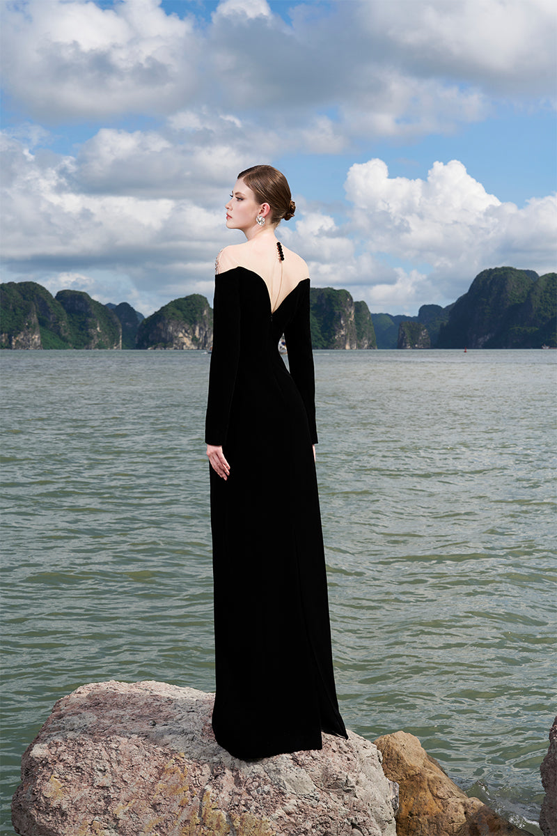 mesh chest dress Lana Black Mesh Panel Ruched Maxi Dress, M / Black