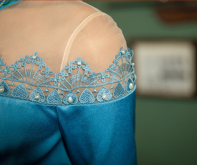 Magic Q vintage retro lake blue lace openwork mesh heavy embroidery dress - Duige