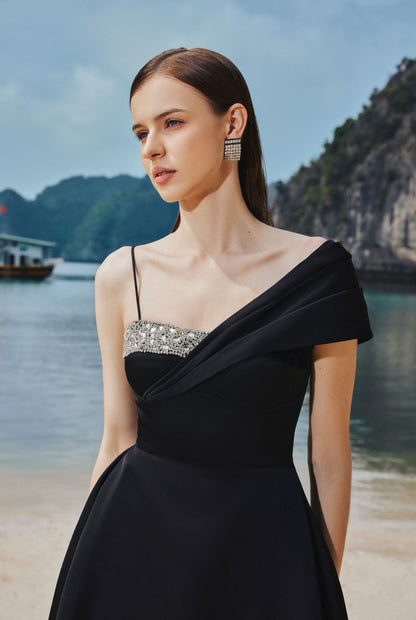 Asymetric Crystal Embroidered One-Shoulder Midi Dress