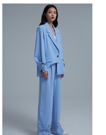 LEDIM W high end luxury folded sleeve irregulare blue blazer