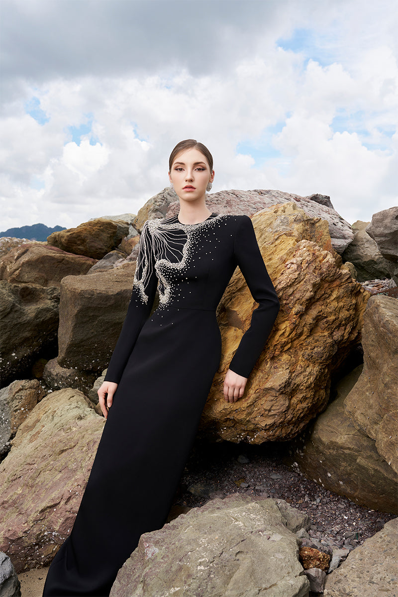 Tracy Studio luxury One Side Floral Crystal Embellished Long Sleeve Evening Dress - Tabina