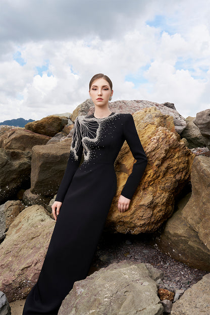 Tracy Studio luxury One Side Floral Crystal Embellished Long Sleeve Evening Dress - Tabina