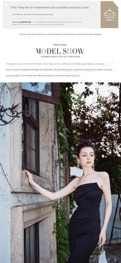 DOLLY Luxury Black Retro Chest Wrap Sleeveless Pleated Slim Fit Mermaid Dinner Dress-IVORY