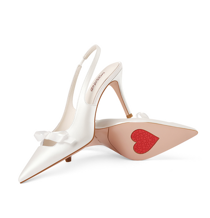 PJJUU white satin pointed toe sling high heels - DISS.
