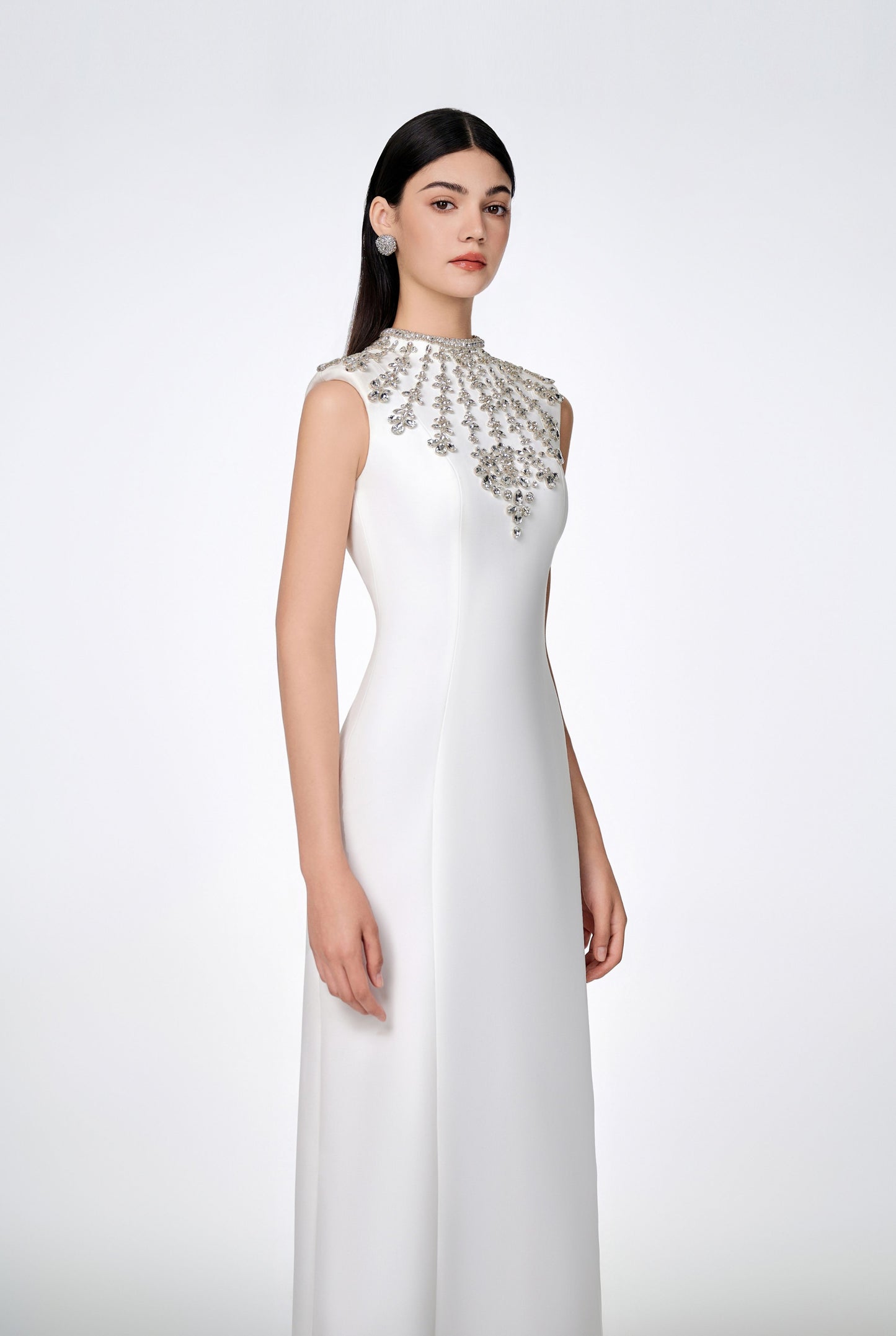 Sleeveless Bodycon Full Dress With Stone Embellishment