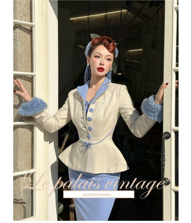 Le Palais Vintage 1940 Elegant tweed waist jacket fishtail skirt - snow flake