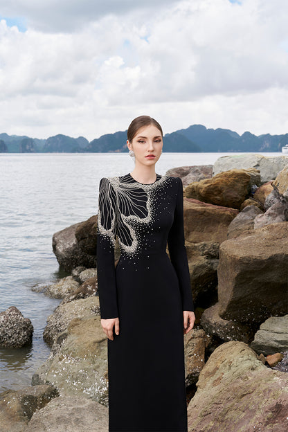 Tracy Studio luxury One Side Floral Crystal Embellished Long Sleeve Evening Dress - Tabina