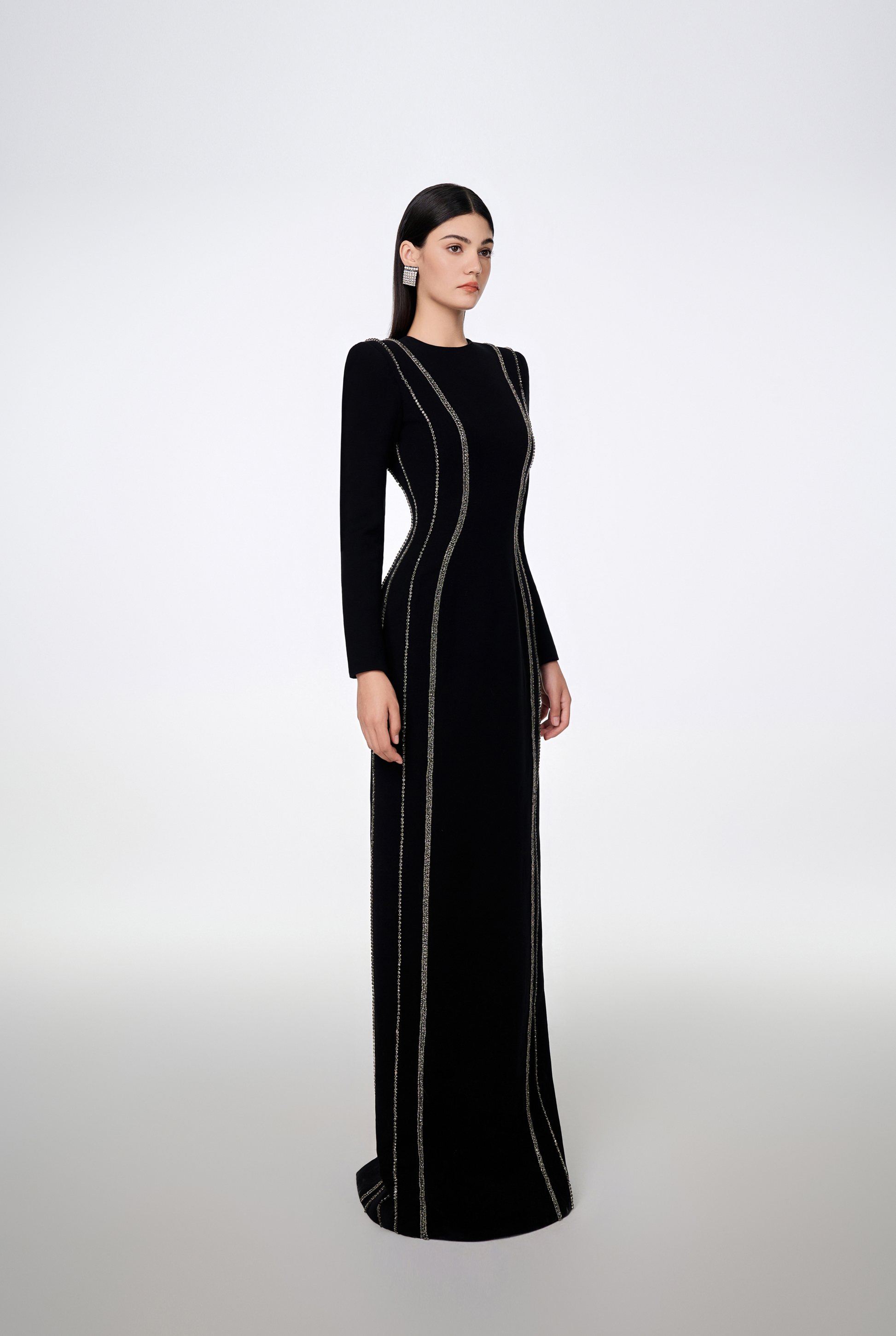 Crystal - Embellished Long Sleeve Bodycon Full Dress