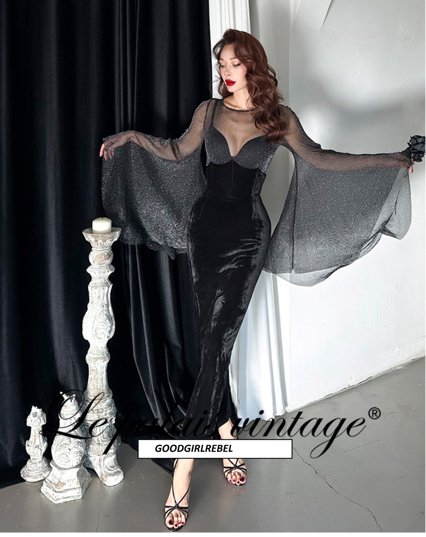 Le Palais Vintage elegant sexy sheer glitter jumpsuit leotard + wrapped maxi dress - Talso