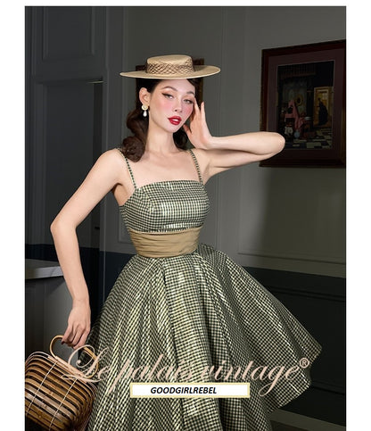 Le Palais vintage gold plaid cinched waist swing 1950 retro dress - Kair