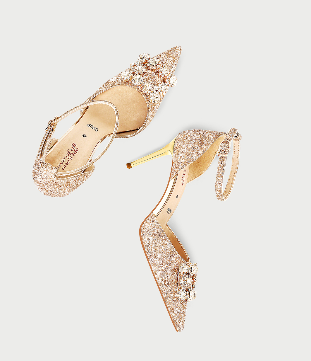 PJJUU beautiful champagne buckle rhinestone stiletto shoes - GREEN.