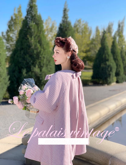 Le Palais Vintage Autumn Pink Plaid babydool Long Sleeve coat Jacket-Natalie