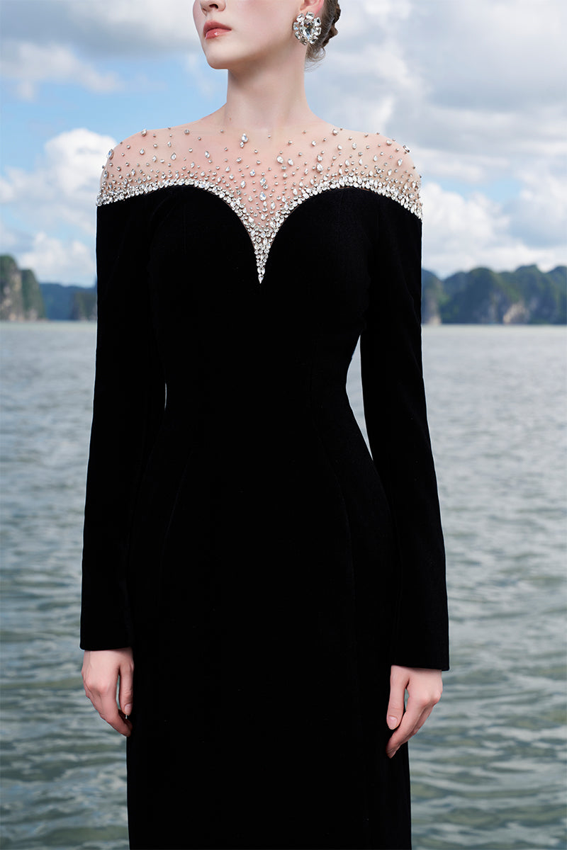 Tracy Studio Luxury Crystal Embellished Mesh Shoulder Off-Shoulder Heart Chest See-Through Evening Dress - Thea Blue / Xs Tracy Studio Luxury Crystal Embellished Mesh Shoulder Off-Shoulder Heart Chest See-Through Evening Dress - Thea Blue / Xs