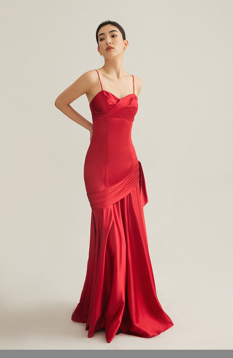 GOUDIN bright red wedding satin light luxury banquet evening dress-Liam.