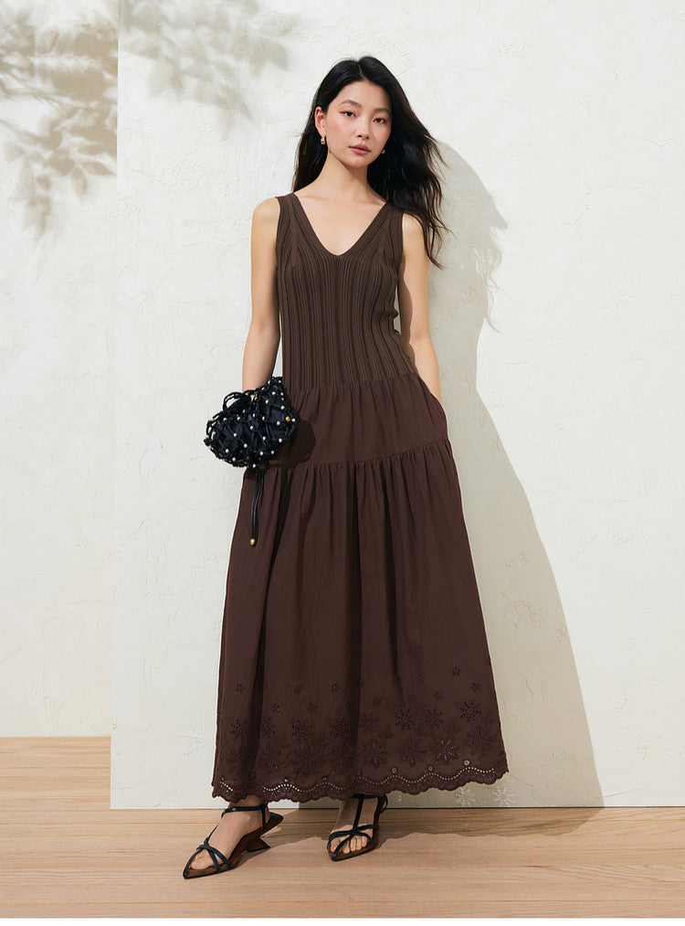Sushe soft-dyed cut-out cotton embroidery knitted slightly fluffy A-line vest dress-FAYE.