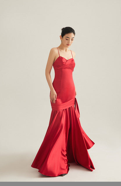 GOUDIN bright red wedding satin light luxury banquet evening dress-Liam.