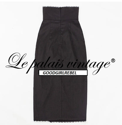 Le Palais Vintage Balloon Sleeve Slim Fit Shirt Black High Waist Slit Pencil Skirt-Ola