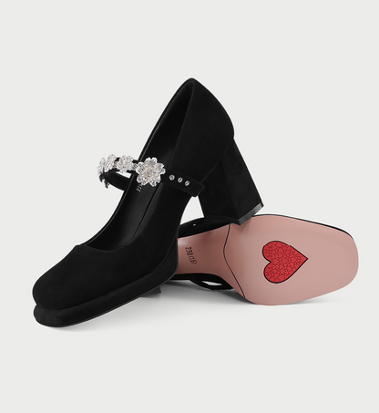 PJJUU Mary Jane black thick shoes with rhinestones - SWADE.