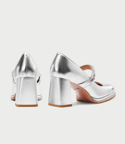 PJJUU beautiful silver mary jane thick heel - POWER.