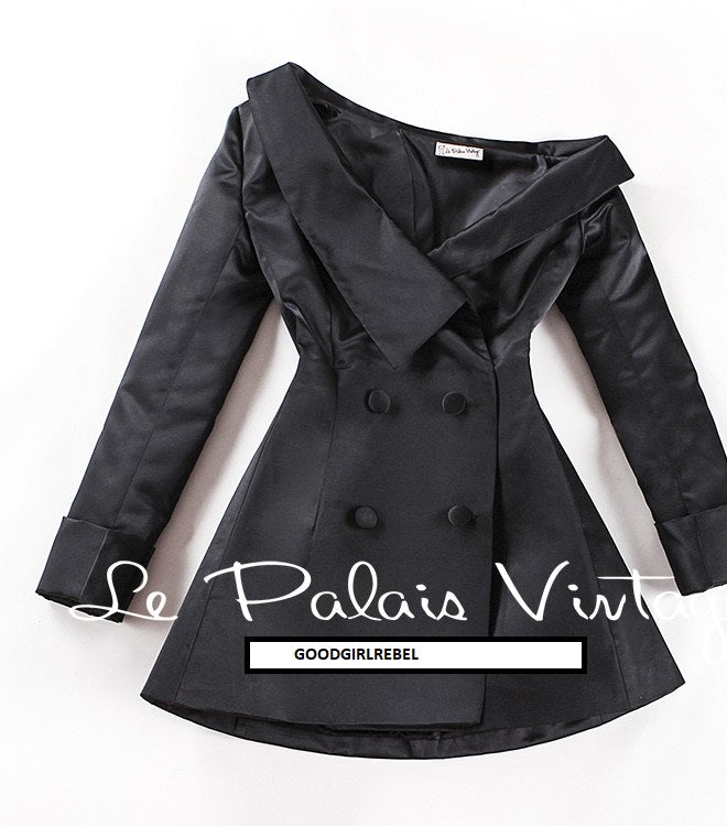 Le palais vintage satin three-dimensional cut waist off-the-shoulder retro blazer - Okle