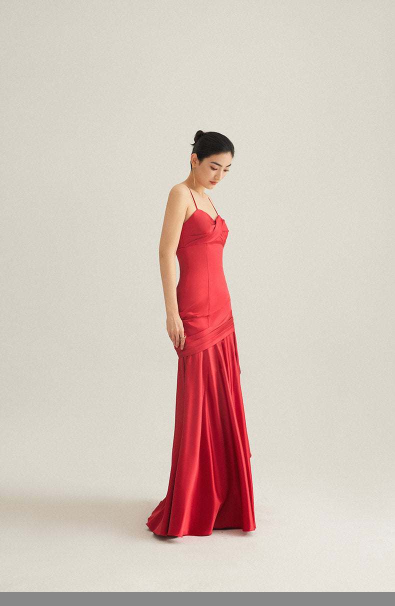 GOUDIN bright red wedding satin light luxury banquet evening dress-Liam.