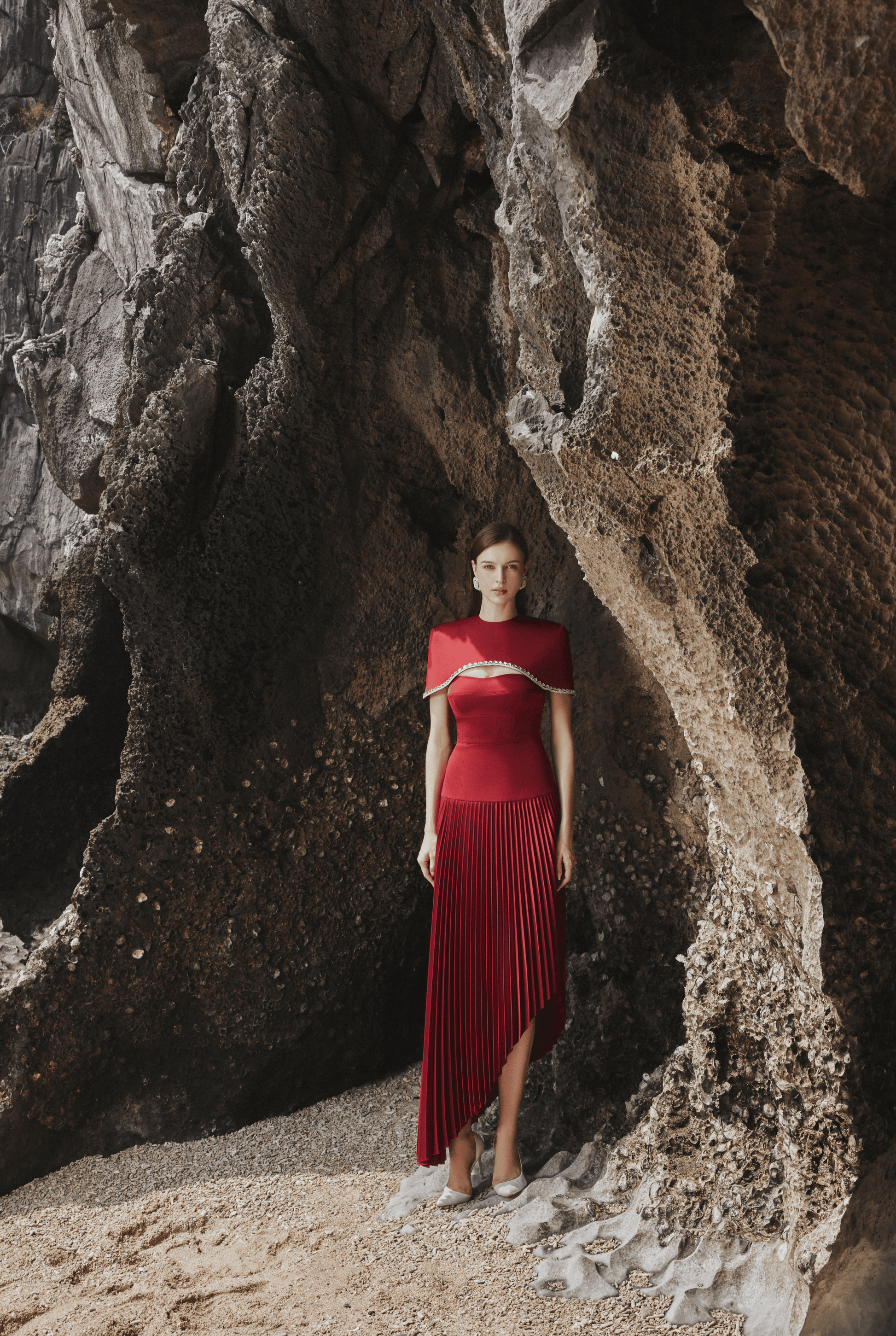 Spaghetti Strap Asymmetric Pleated Dress and Stone Embellished Cape XL / Dress Spaghetti Strap Asymmetric Pleated Dress and Stone Embellished Cape XL / Dress