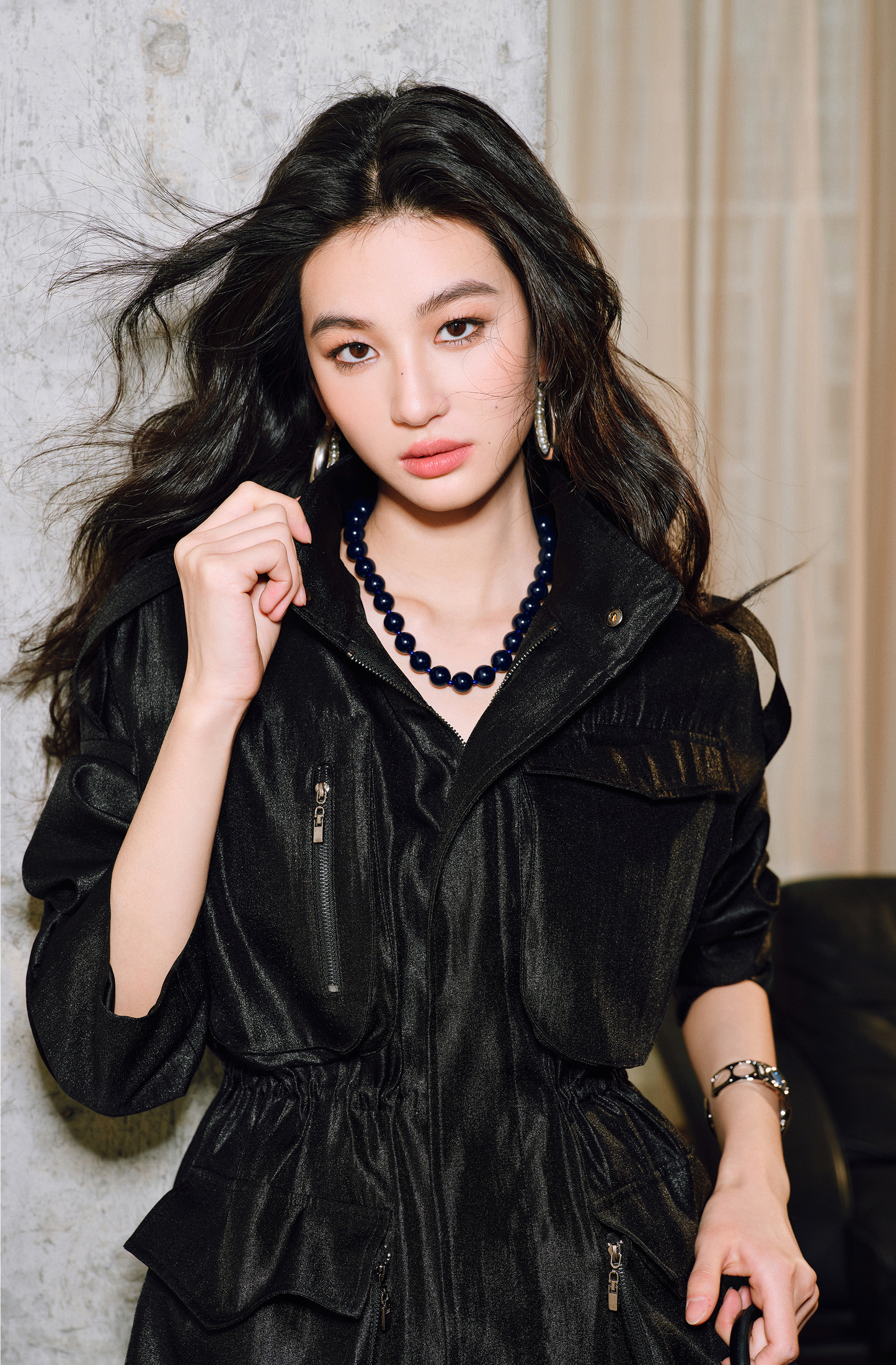 WANGXO | High-End Luxury Silk Brocade Luster Stand-Up Collar Waist 3D Pocket Jackets-VERA