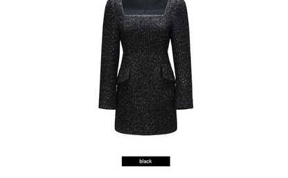 WANGXO | Luxury Tweed Shiny Texture Square Neck Waist Dress-MILA.