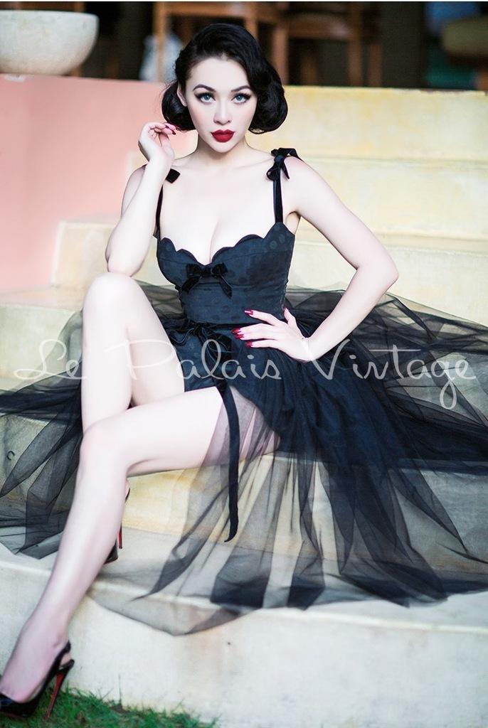 Vintage Retro Pinup jacquard corset polka dot shell jumpsuit tutu set- Tula