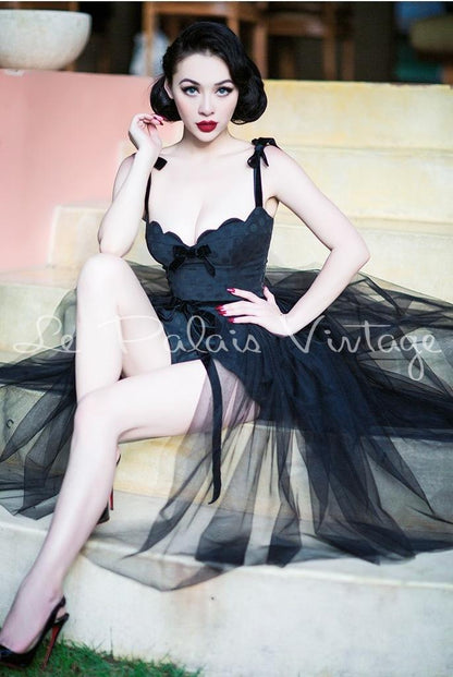 Vintage Retro Pinup jacquard corset polka dot shell jumpsuit tutu set- Tula