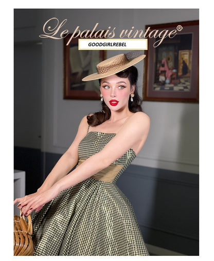 Le Palais vintage gold plaid cinched waist swing 1950 retro dress - Kair
