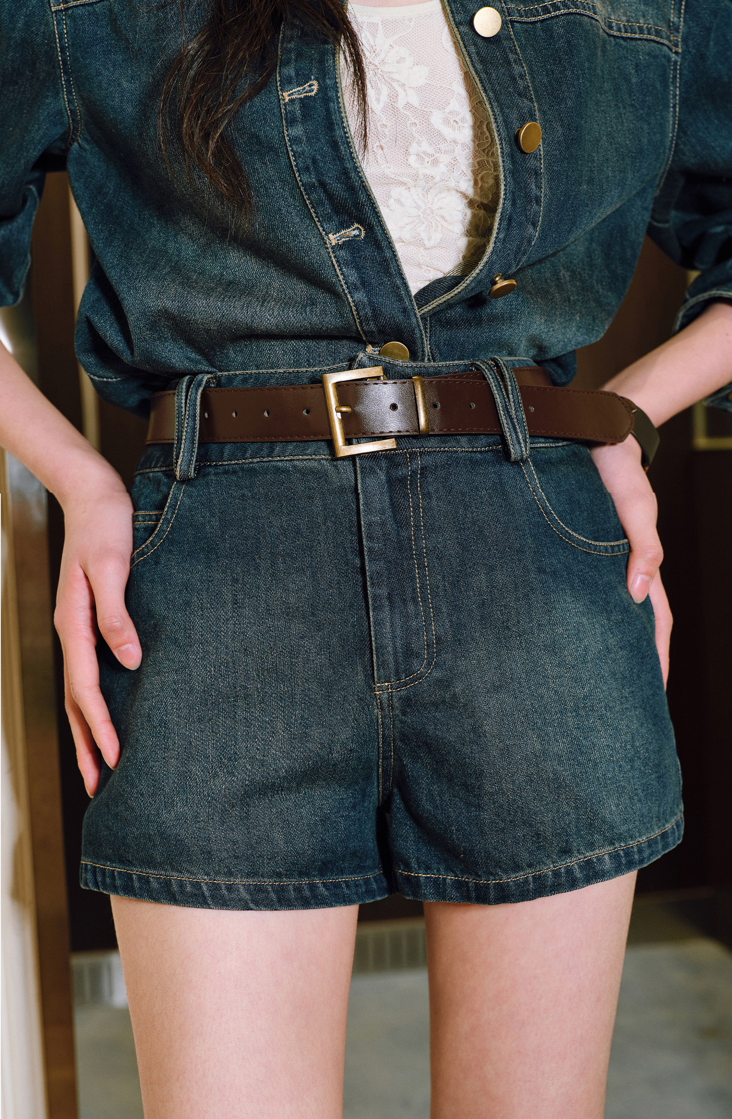 WANGXO | Sophisticated Denim Shirt & Shorts Outfit Set - LUXOR.