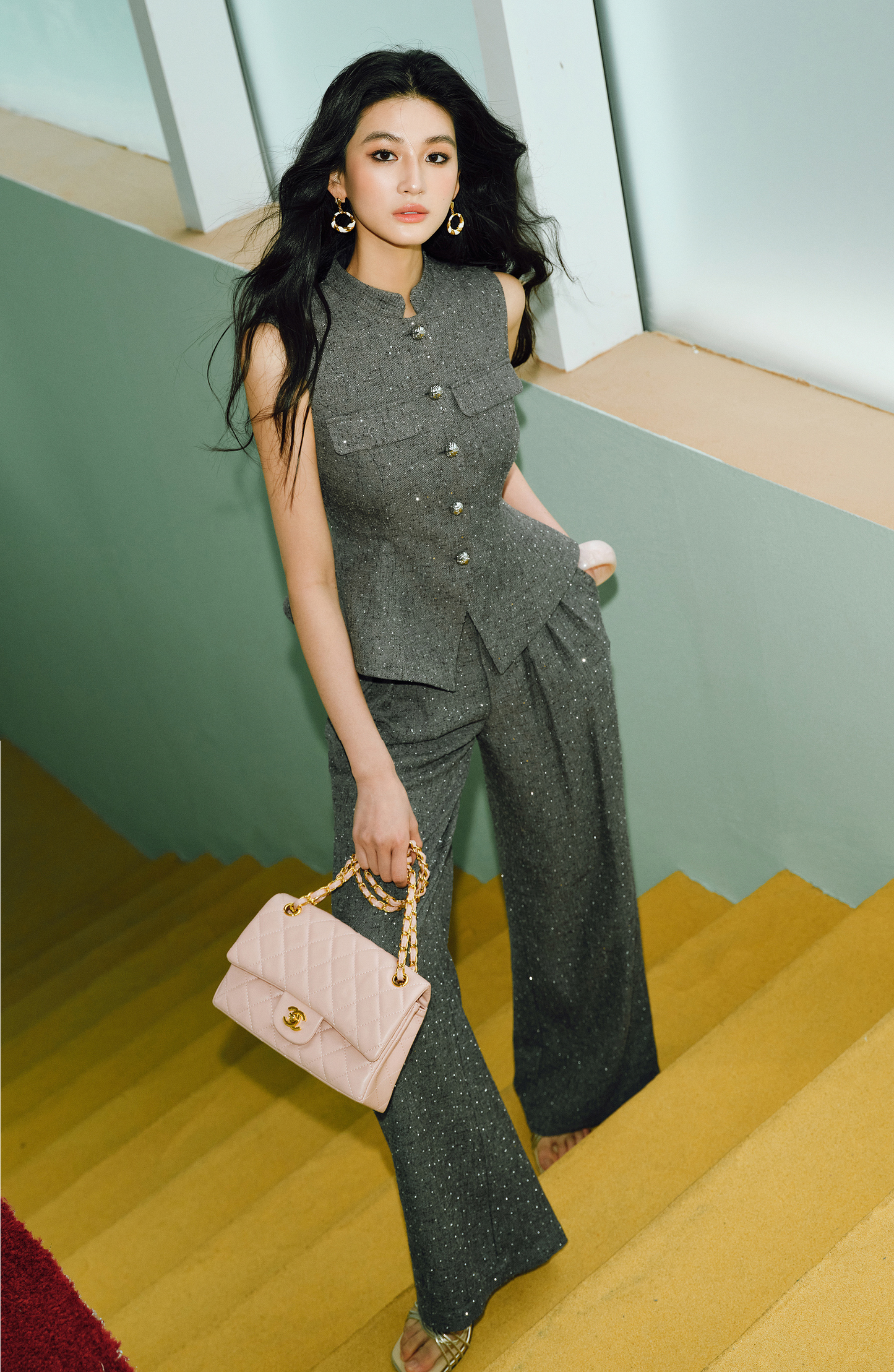 WANGXO | Silver Classic Tweed Vest & Straight-Leg Pants Suit - LYRA.