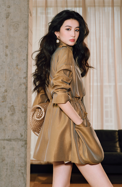 WANGXO | High-End Luxury Silk Brocade Luster Stand-Up Collar Waist 3D Pocket Jackets-VERA