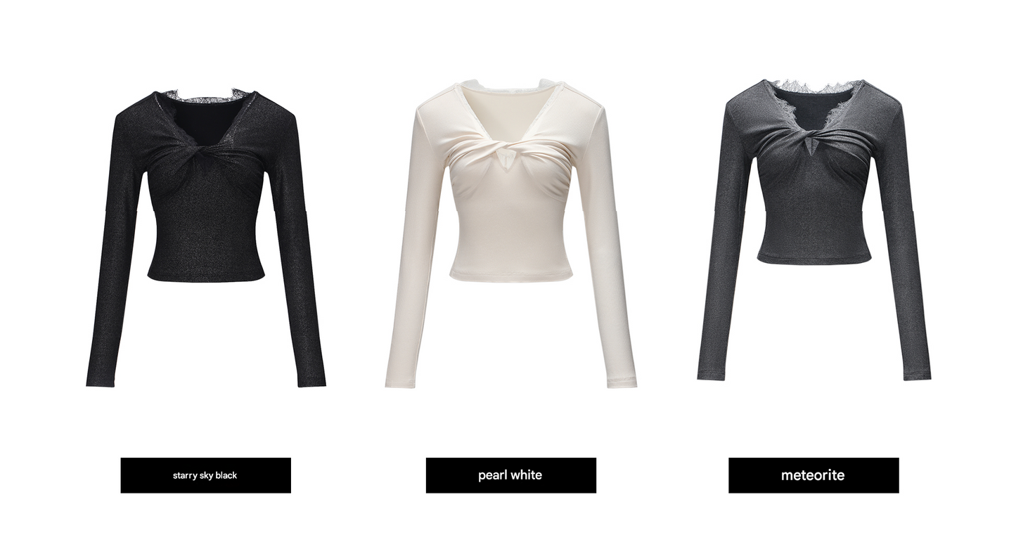 WANGXO | Sprinkled Silver Knit Lace Inlay with Twisted Pleated V-Neck Top- SIA.