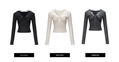 WANGXO | Sprinkled Silver Knit Lace Inlay with Twisted Pleated V-Neck Top- SIA.