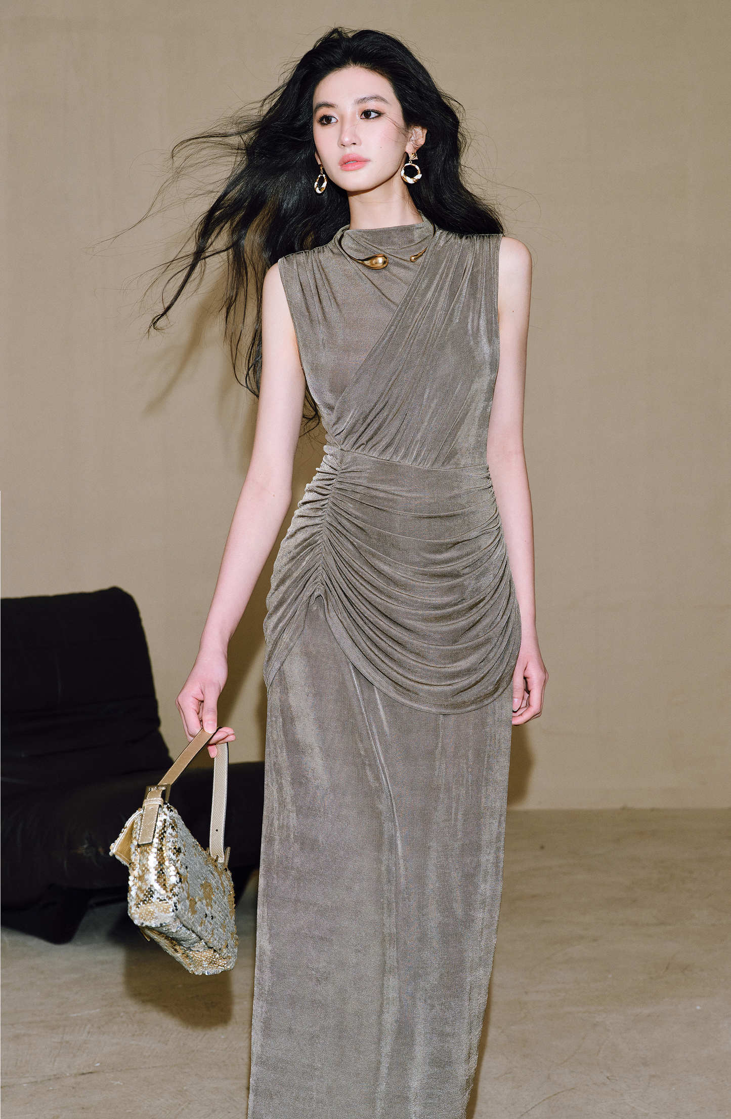 WANGXO | Draped High-Stretch Sculpt Knit Shirred Sleeveless Dress -VERA.