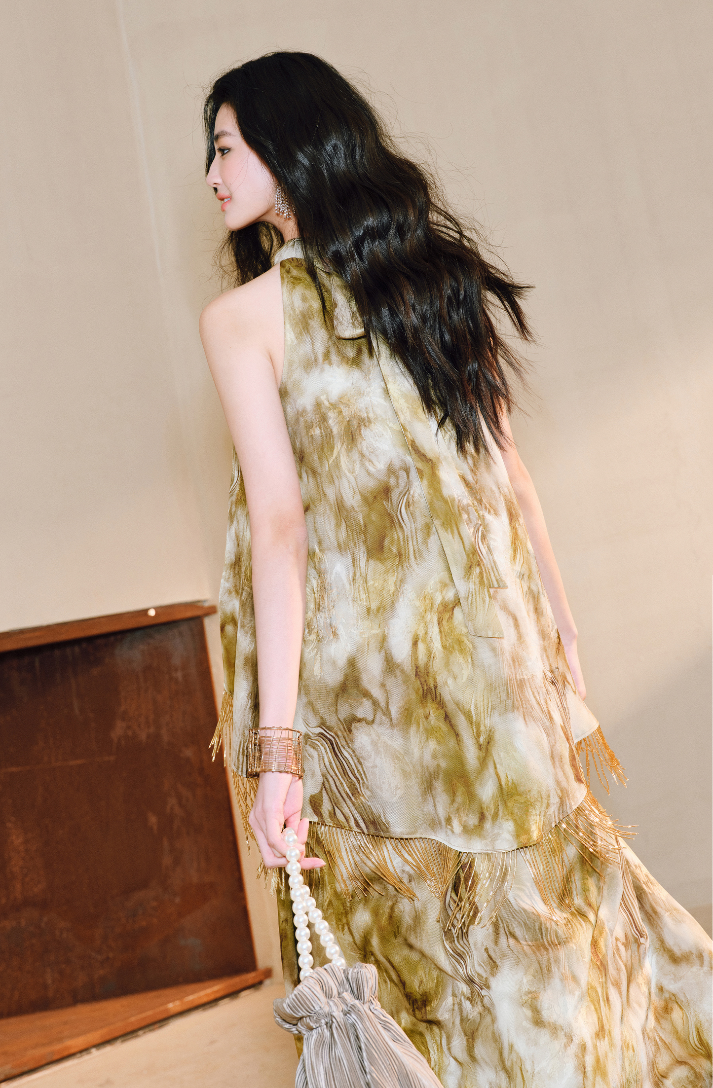 WANGXO | Satin Jacquard Beaded Tassel Halterneck Dress -LUMI.