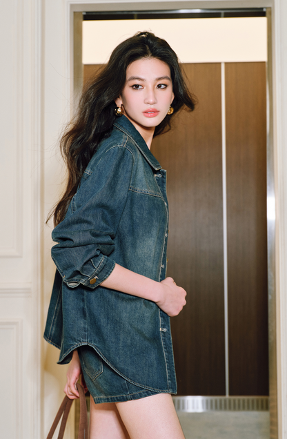 WANGXO | Sophisticated Denim Shirt & Shorts Outfit Set - LUXOR.