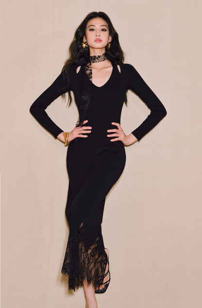 WANGXO | Merino Wool Knit with Panelled Eyelash Lace Slim Dress -NÉRO.