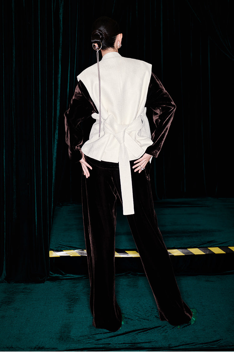 M essential Mackay designer embroidered stand-collar vest velvet top pant set - Niara