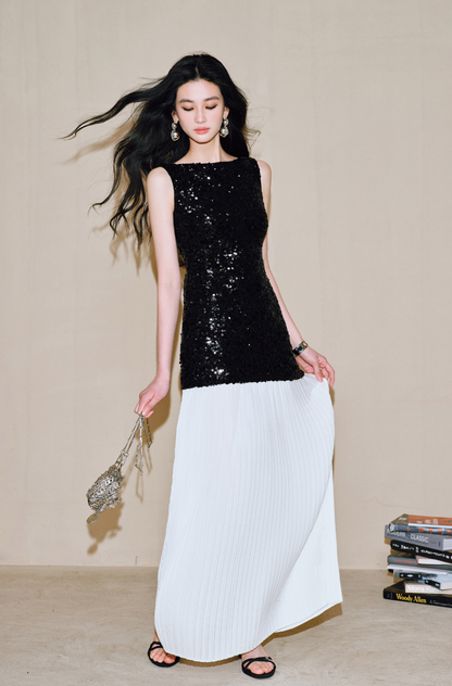 WANGXO | Gilded sequin-stitch silk pleated shimmer Dress - BYRON.