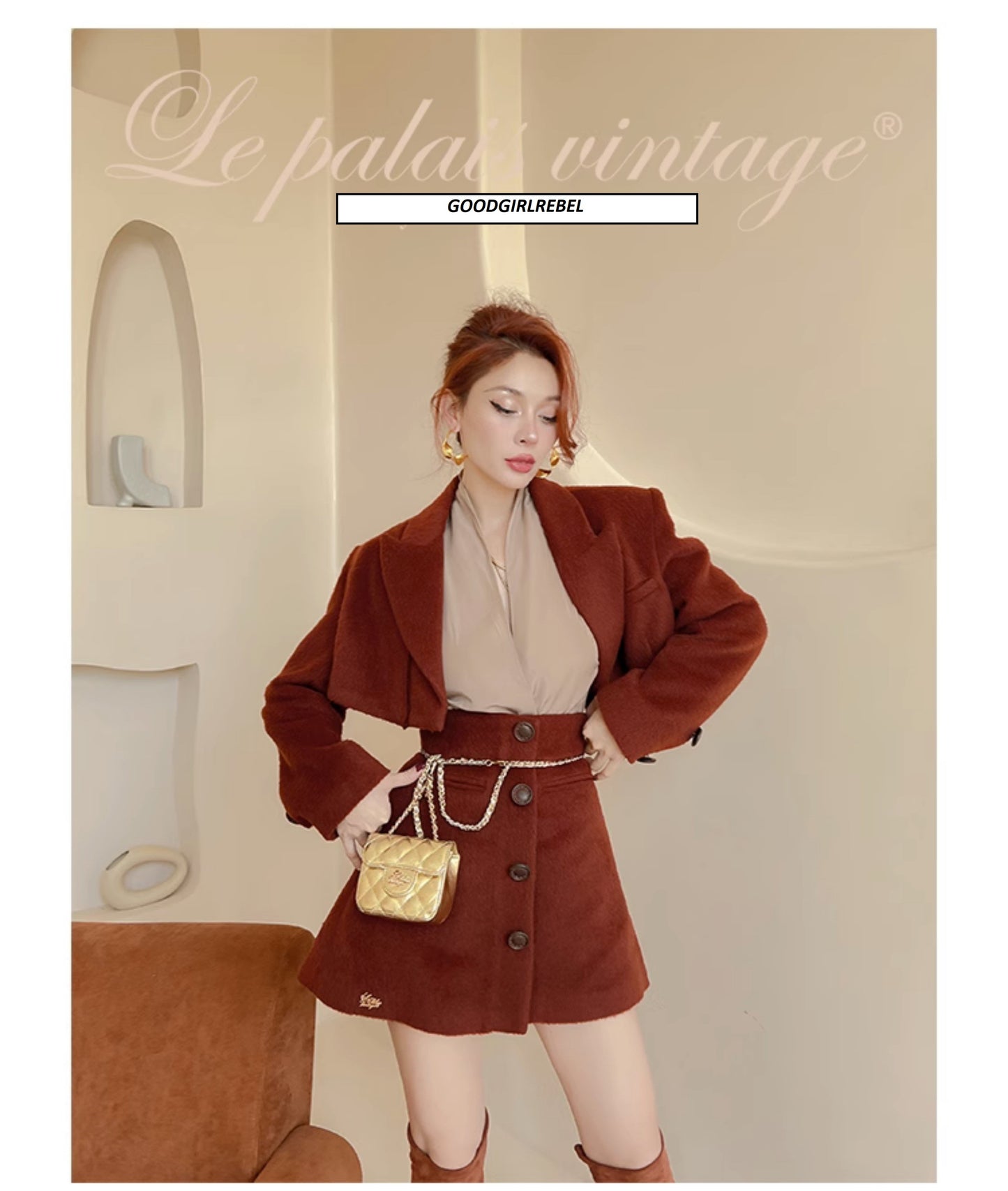 Le palais vintage Fall/winter wool wide-shoulder short jacket high-waisted short skirt - nilu