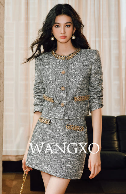 WANGXO | Spinning Tweed Color Dots Diamond Webbing Suit Set-ZAYA.