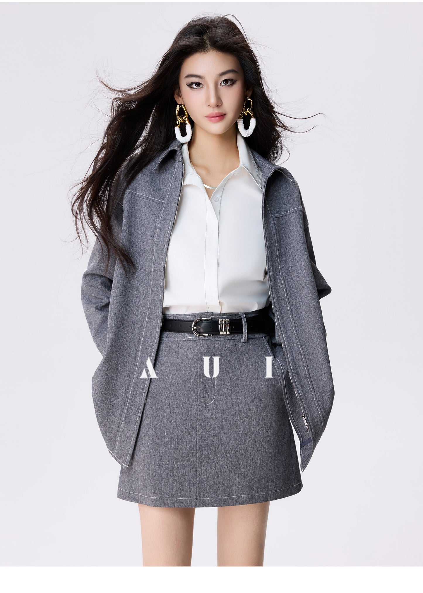AUI Grey Zippered Lapel Jacket A-Line Hip Skirt Two-Piece Set - Choon-Hee.
