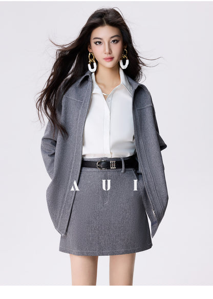 AUI Grey Zippered Lapel Jacket A-Line Hip Skirt Two-Piece Set - Choon-Hee.