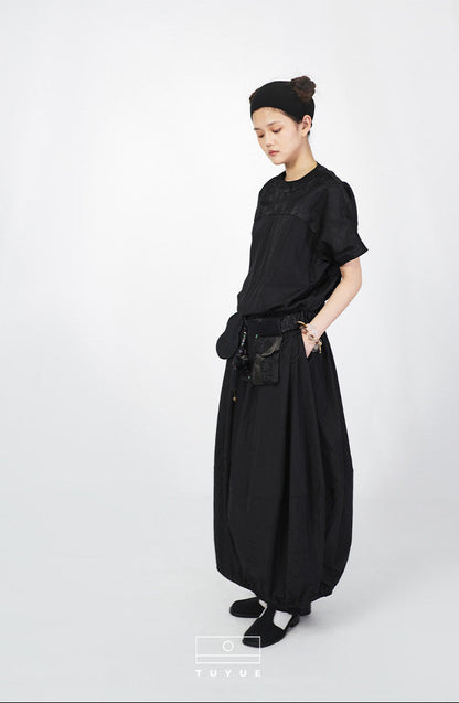 TUYUE Dark Blue Waist Trench Coat Texture Short Sleeve Dress- ANDREA.