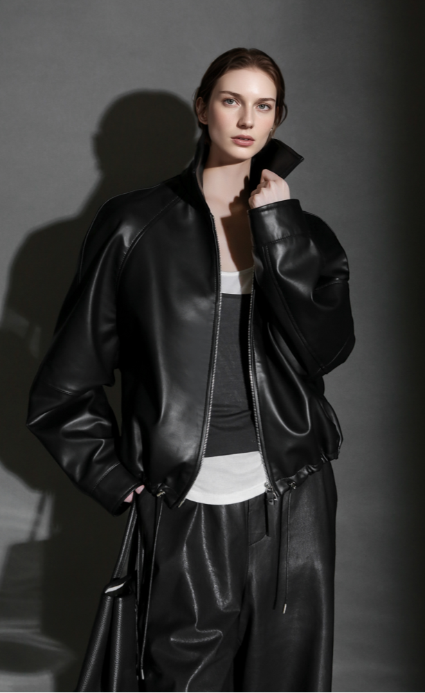 PIAOIN Small lapels short motorcycle leather jacket hem trimmed spring-DAX.
