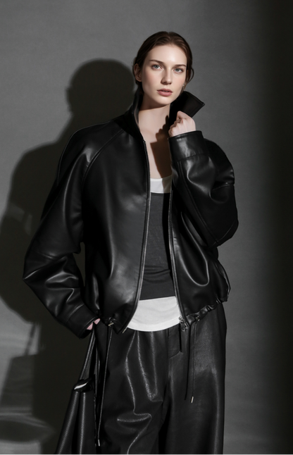 PIAOIN Small lapels short motorcycle leather jacket hem trimmed spring-DAX
